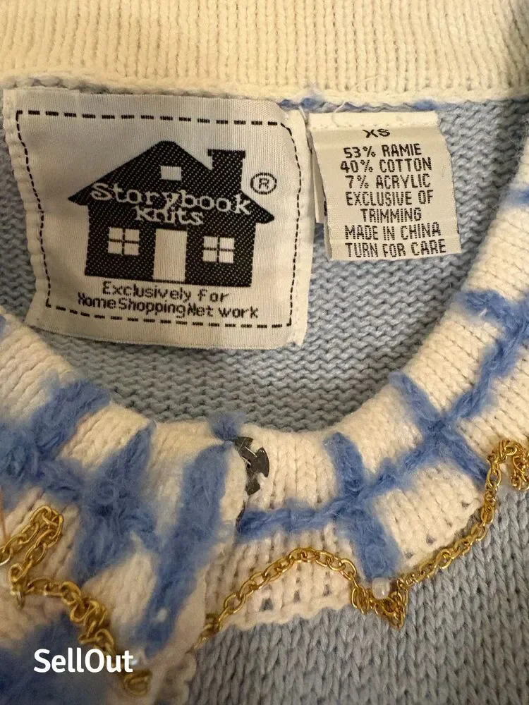 Vintage Storybook Knits Dog Cardigan Sweater Blue Women's XS Long Sleeve - Picture 2 of 5